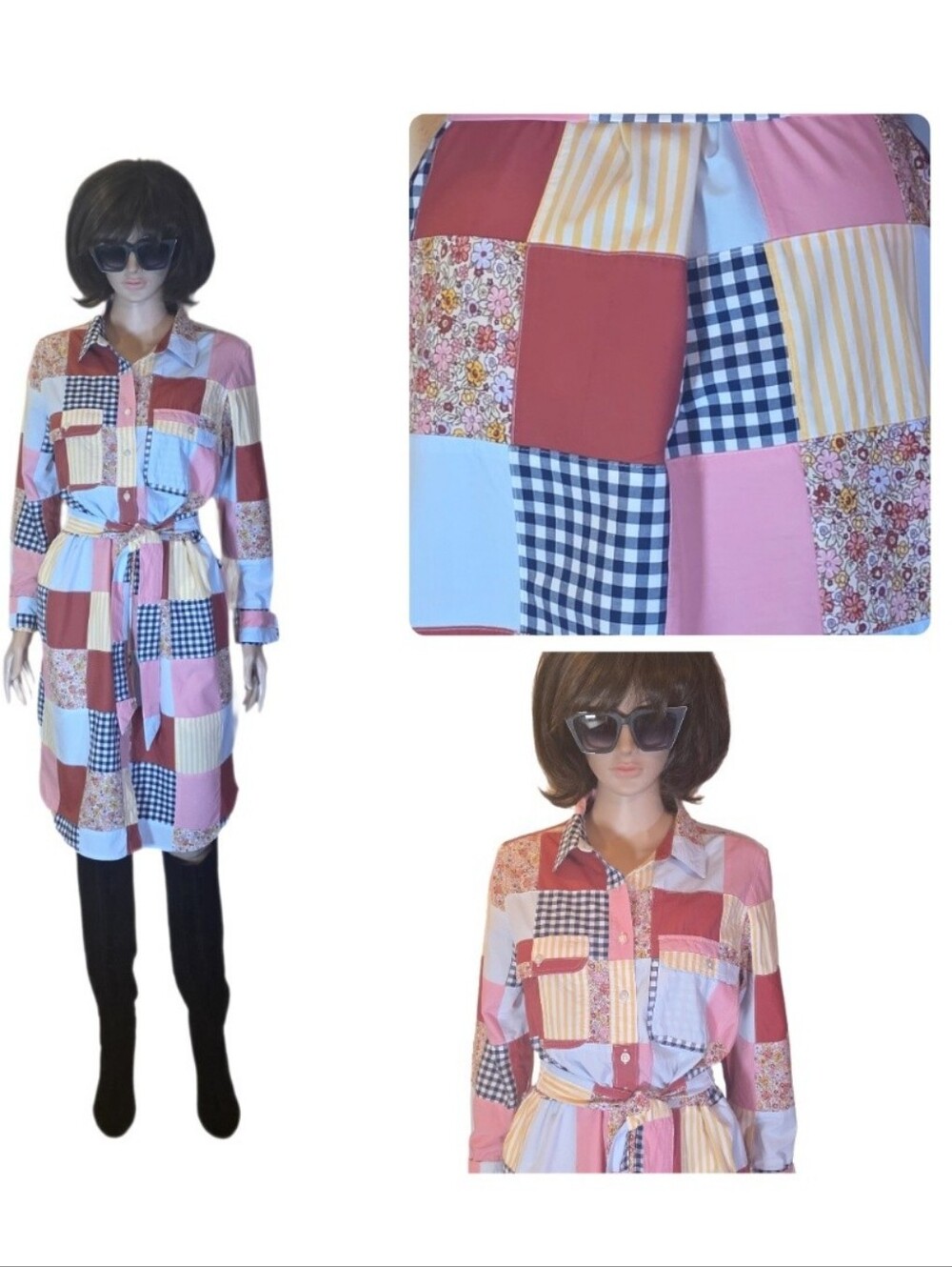 Lands' End Patchwork Cotton Poplin Button Front Shirt Dress EUC Medium